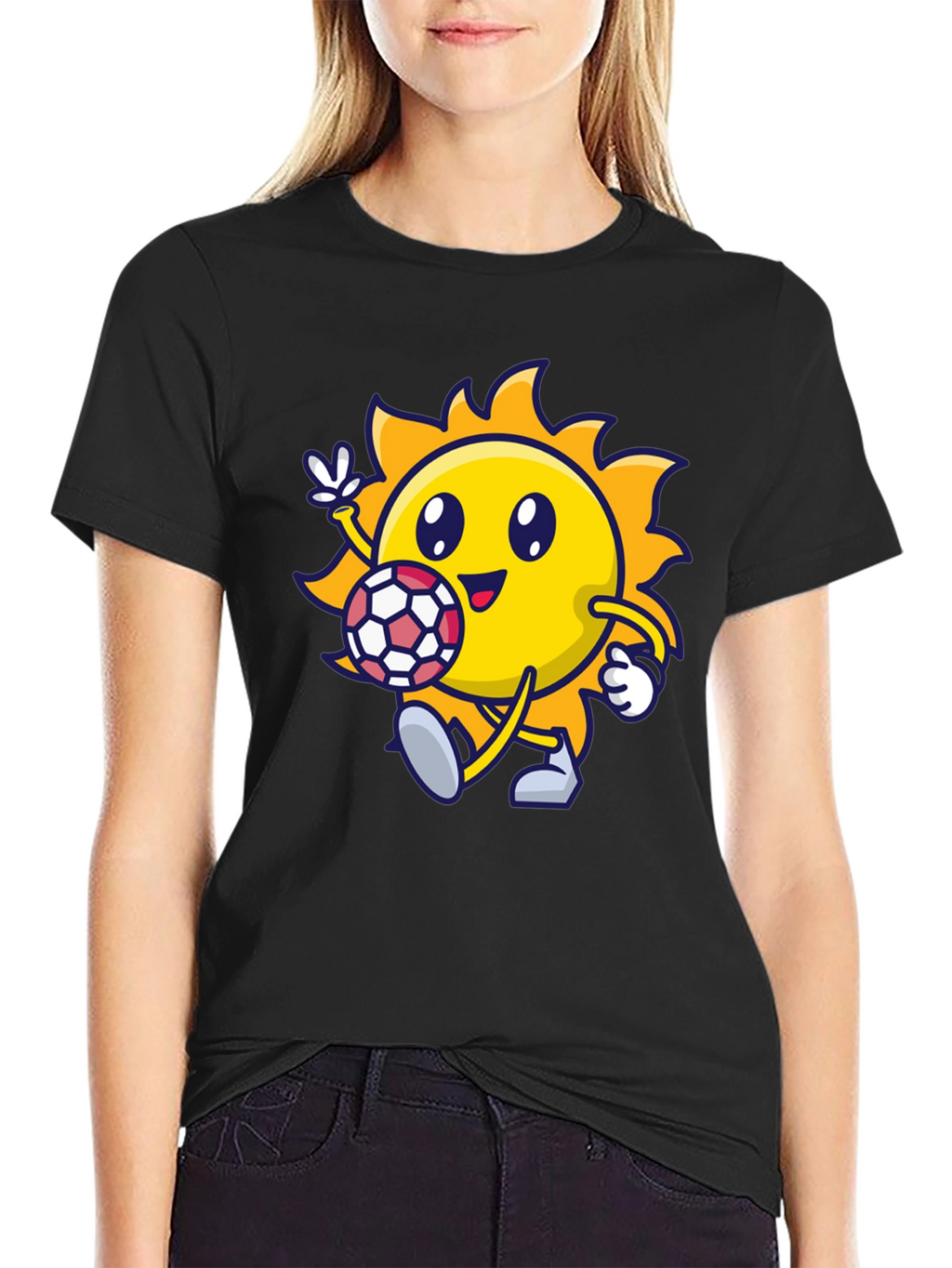 Cartoon Sun Soccer Black T-Shirt