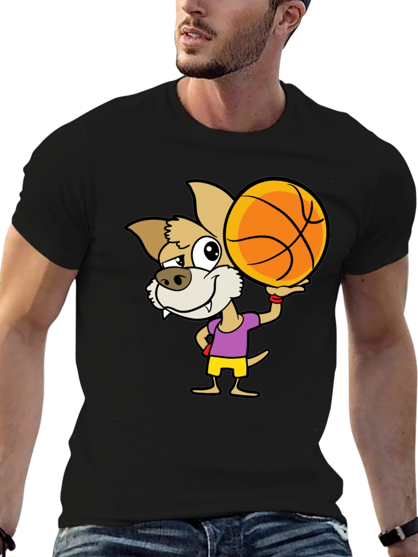 Cartoon Dog Basketball Graphic T-Shirt