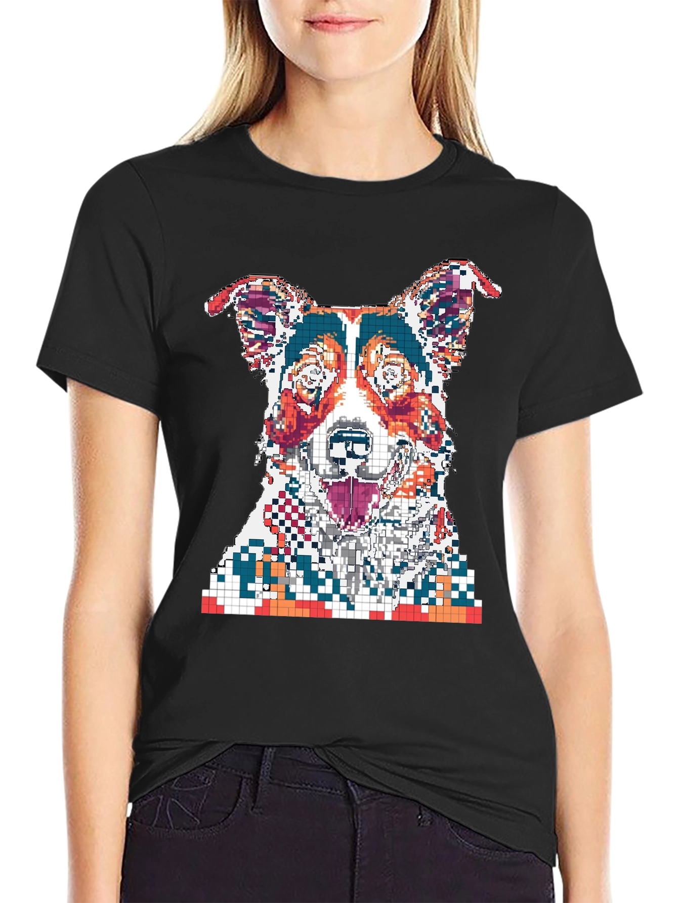 Pixelated Dog Graphic Print Black T-Shirt