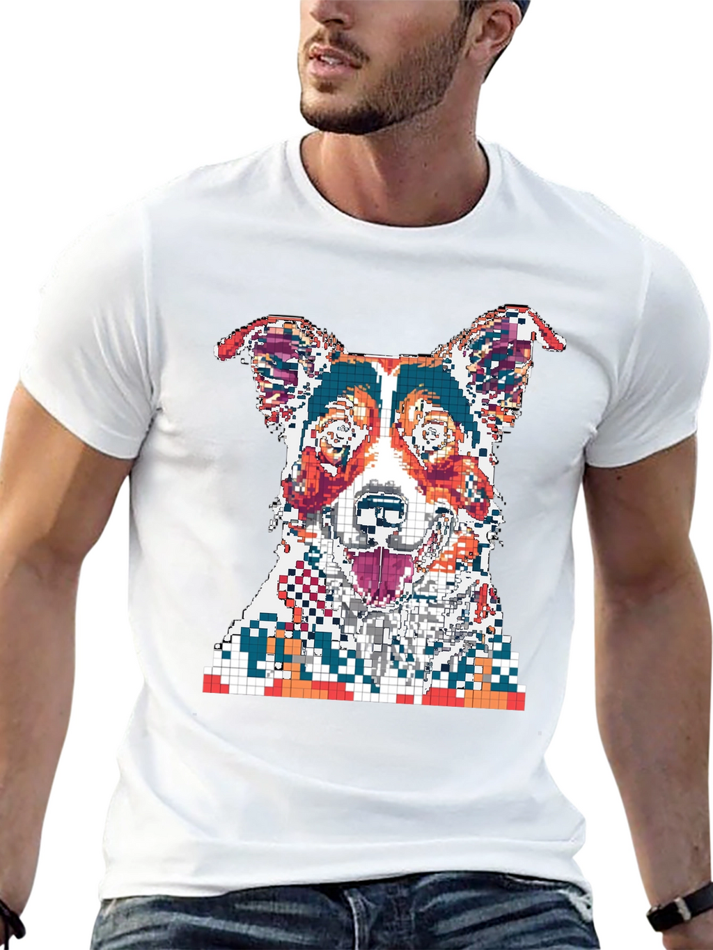Pixelated Dog Graphic Print Black T-Shirt