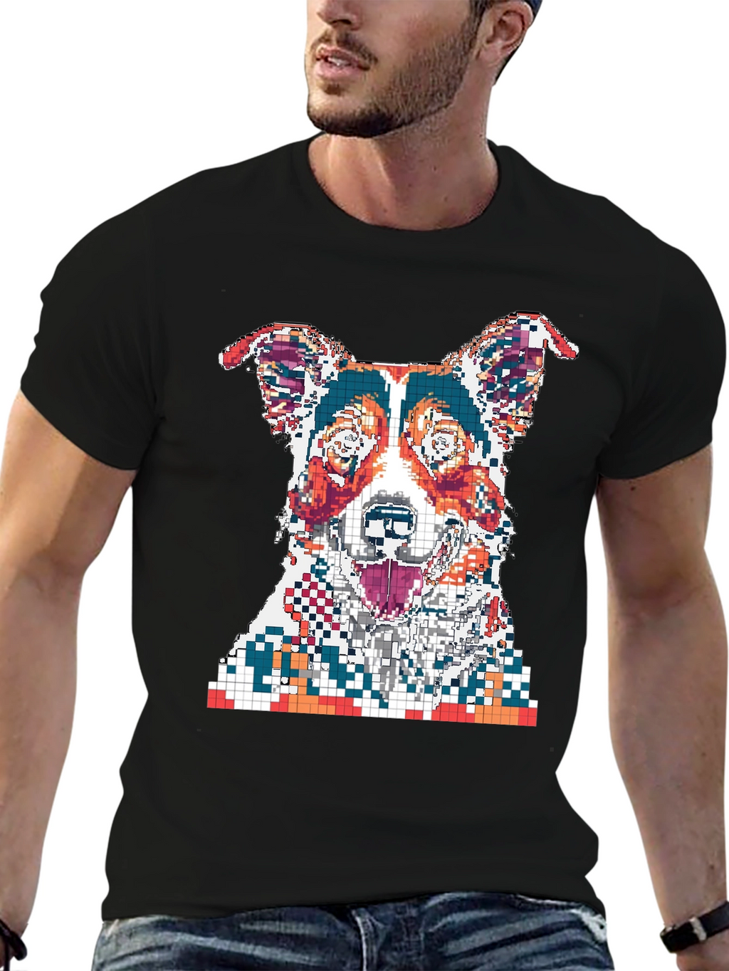 Pixelated Dog Graphic Print Black T-Shirt