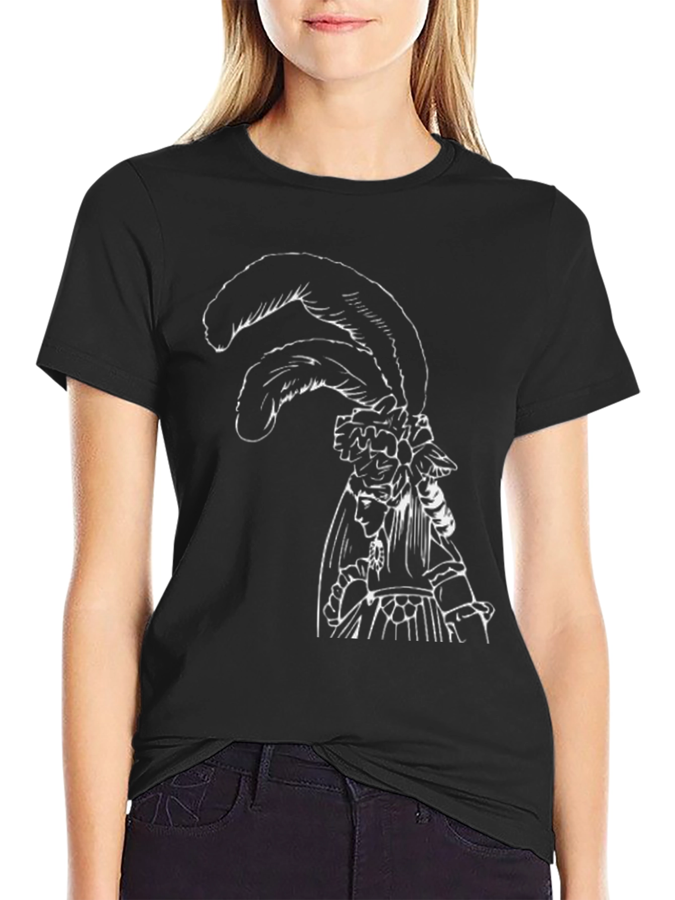 Black T-Shirt with White Feathered Lady Graphic