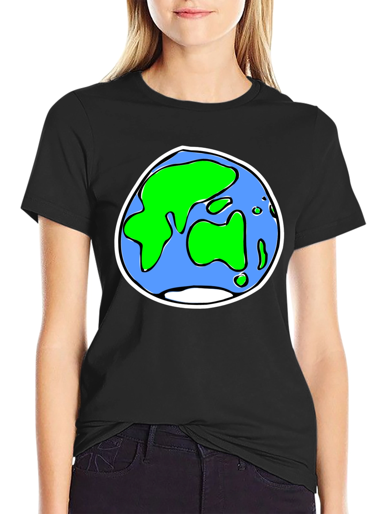 Cartoon Earth Graphic Tee - Black Crew Neck T-Shirt