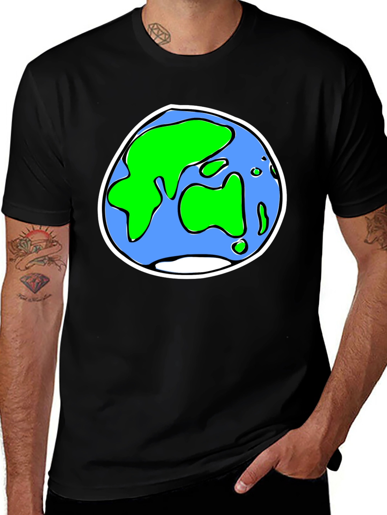 Cartoon Earth Graphic Tee - Black Crew Neck T-Shirt