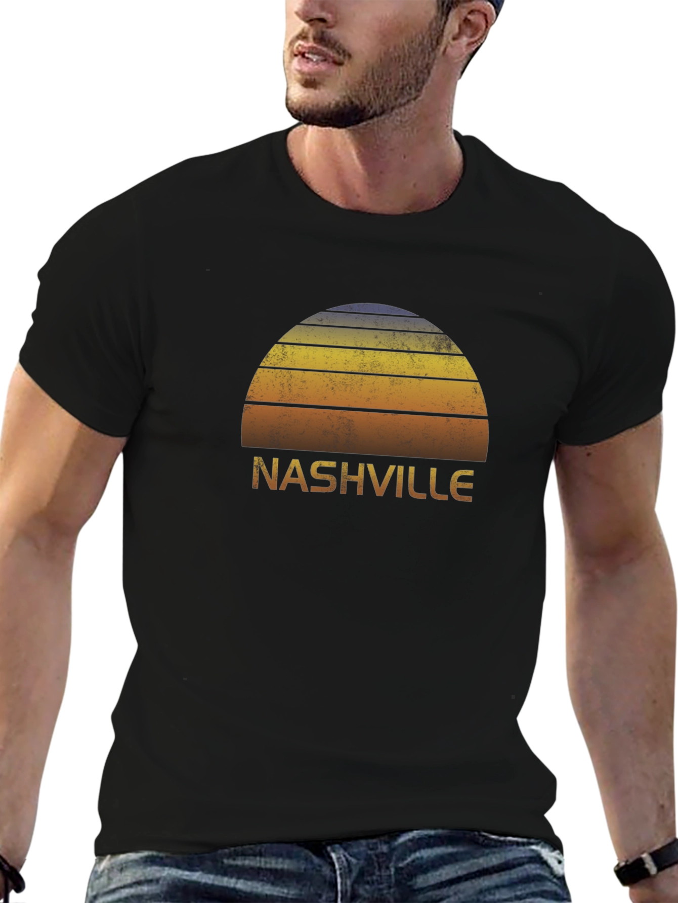 Nashville Retro Sunset Graphic Tee - Black Cotton T-Shirt