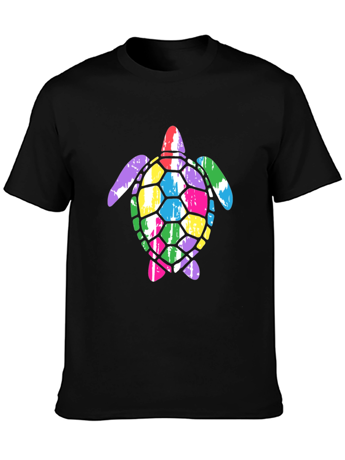 Colorful Sea Turtle Graphic Tee - Black Cotton T-Shirt