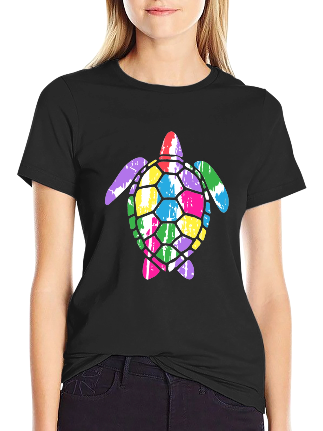 Colorful Sea Turtle Graphic Tee - Black Cotton T-Shirt