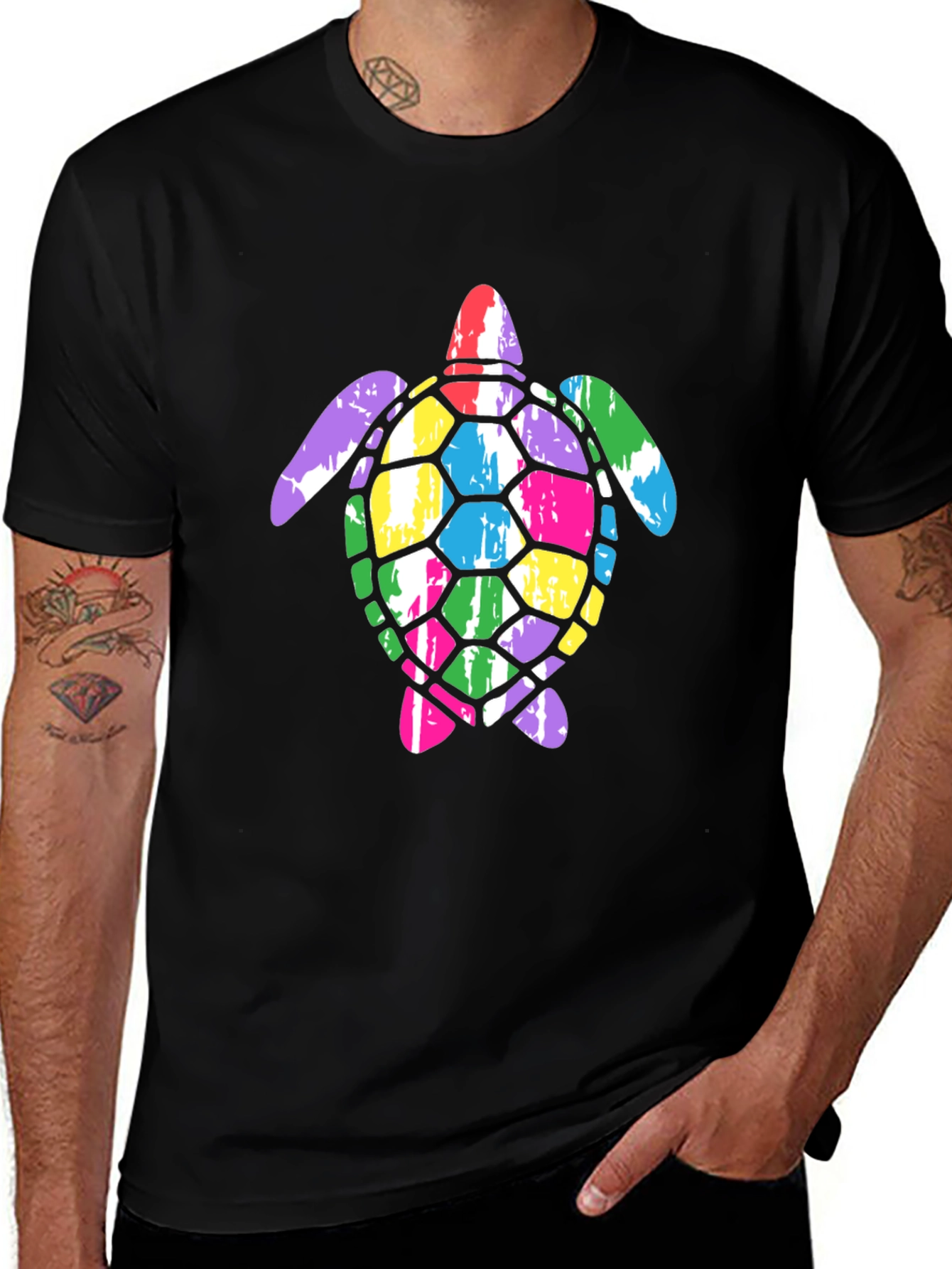 Colorful Sea Turtle Graphic Tee - Black Cotton T-Shirt