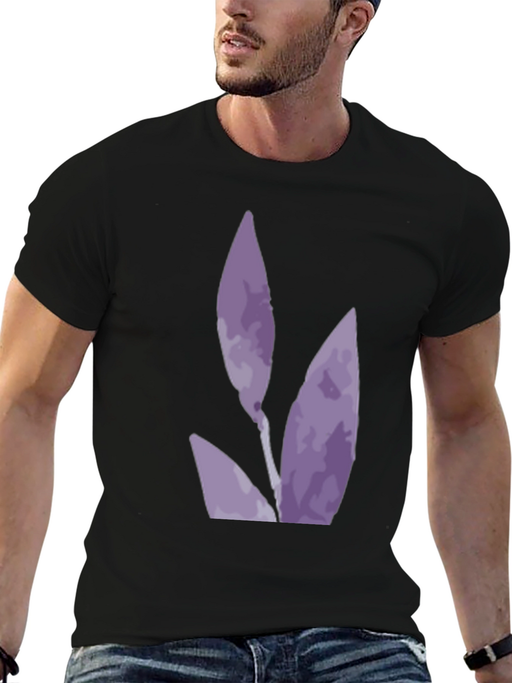 Black T-Shirt with Abstract Purple Floral Design