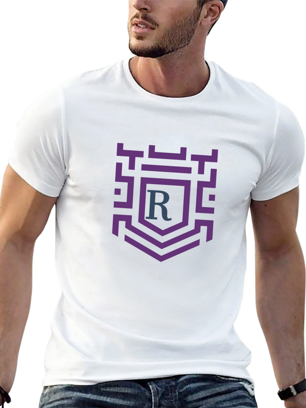 Black T-Shirt with Purple Crest Graphic