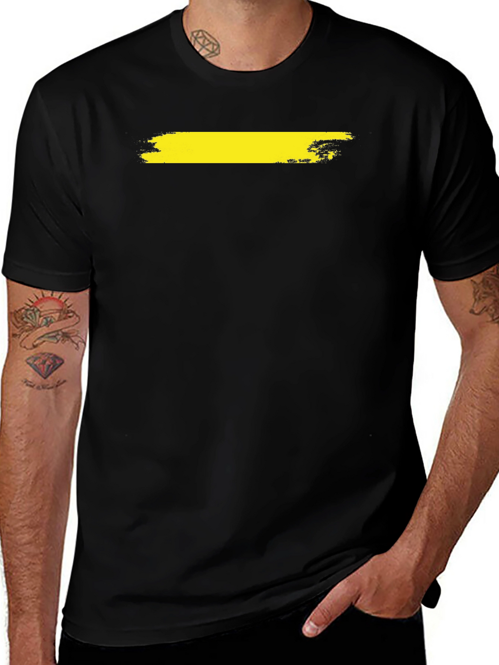 Mens Black T-Shirt with Yellow Brush Stroke Design