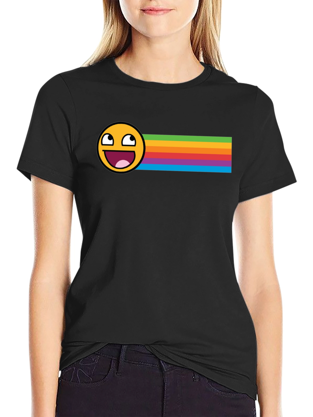 Epic Face Rainbow Stripe Graphic Tee - Black