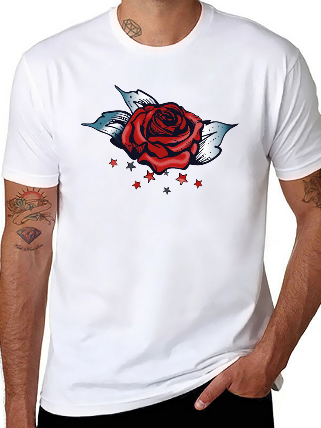 Rose and Stars Graphic Tee - Bold Black T-Shirt