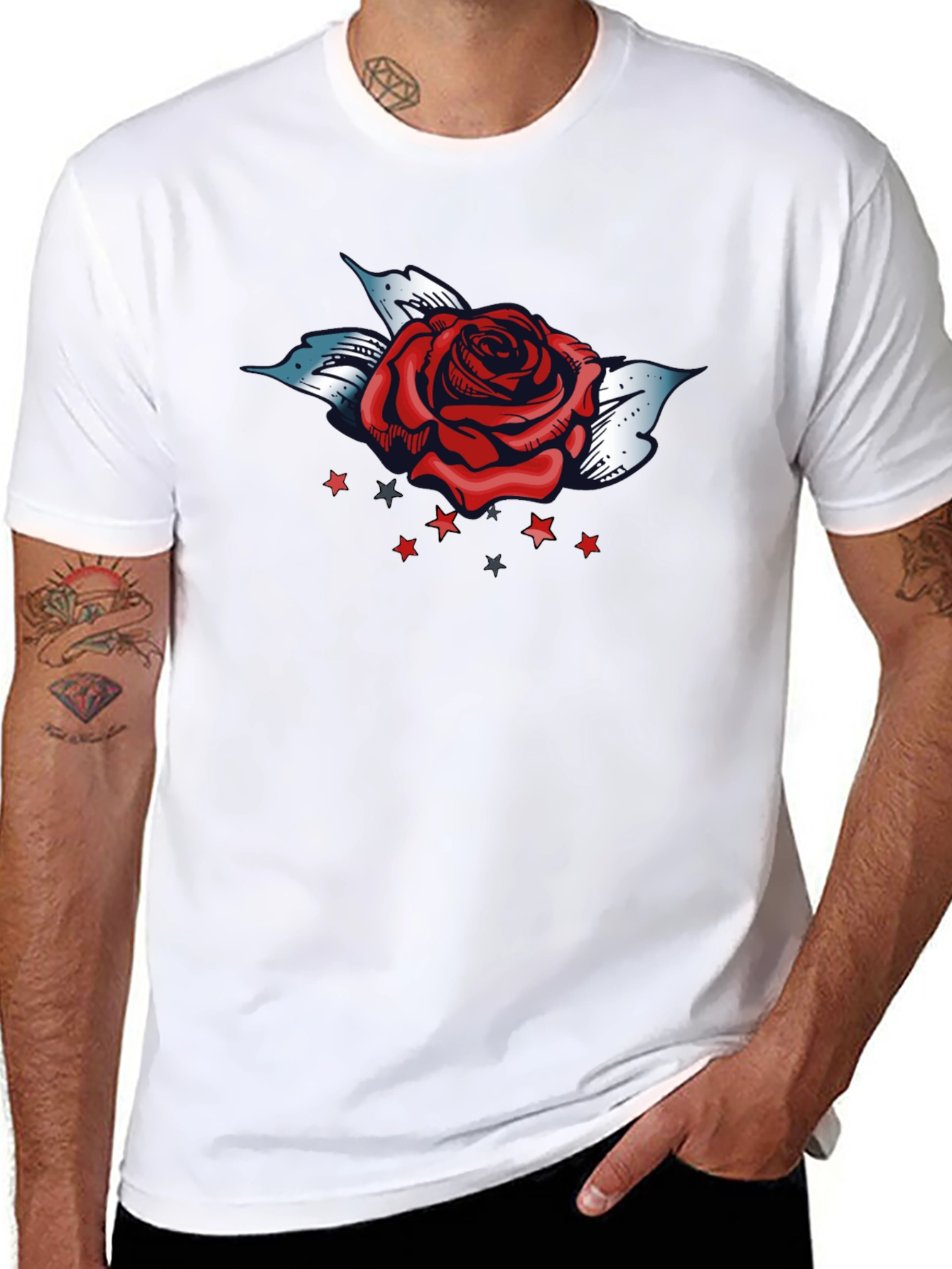 Rose and Stars Graphic Tee - Bold Black T-Shirt