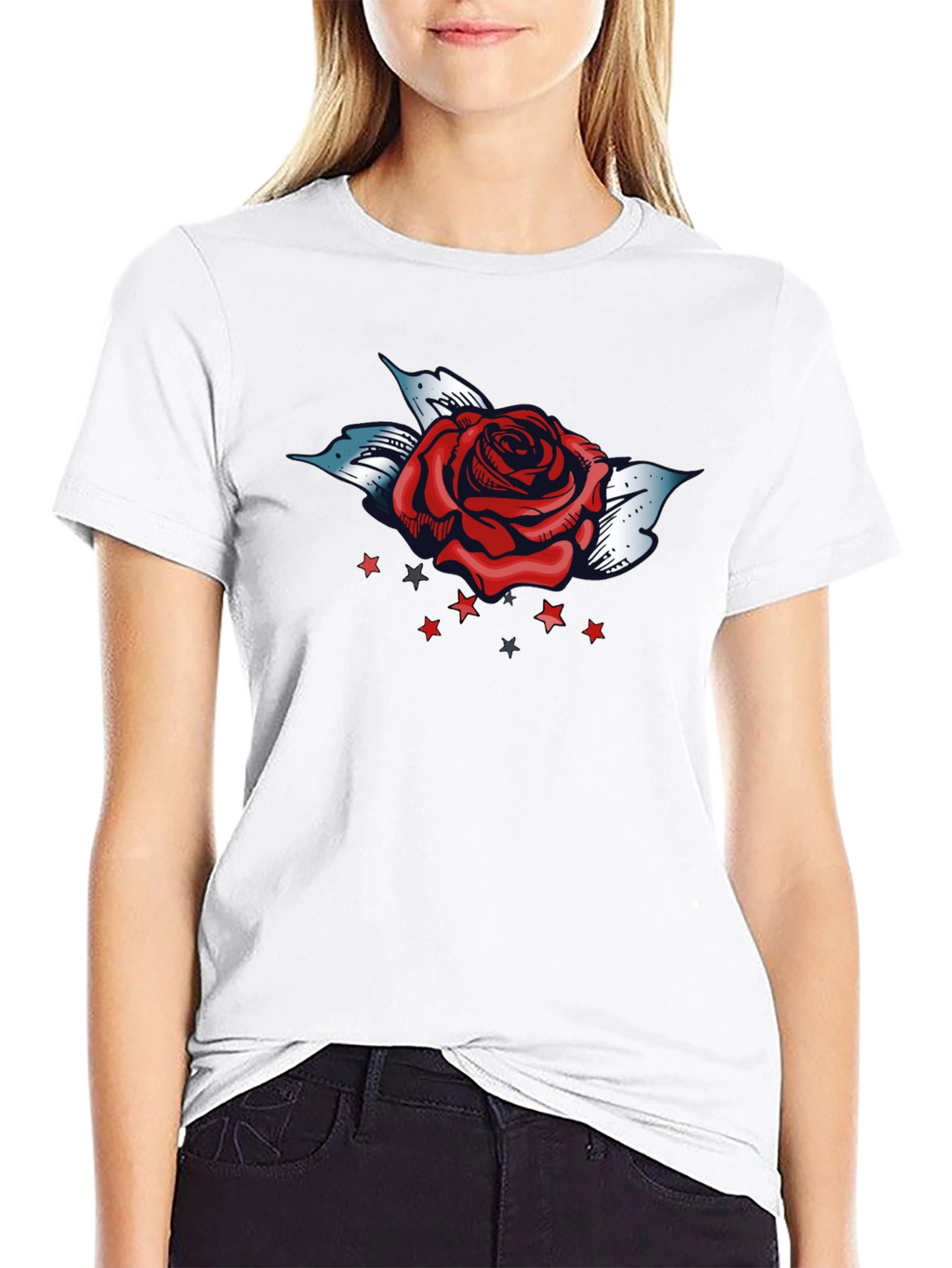 Rose and Stars Graphic Tee - Bold Black T-Shirt