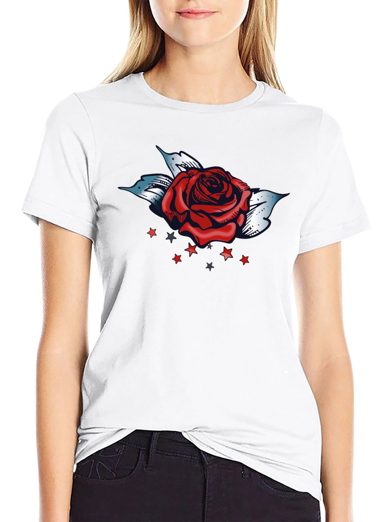 Rose and Stars Graphic Tee - Bold Black T-Shirt