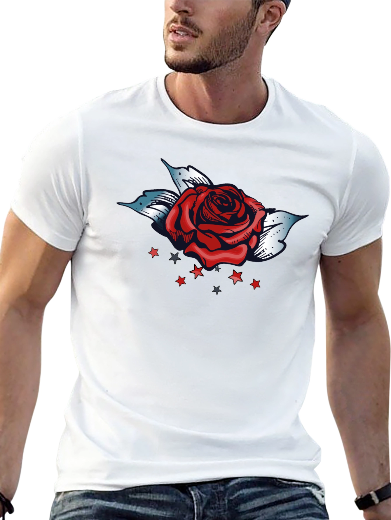 Rose and Stars Graphic Tee - Bold Black T-Shirt