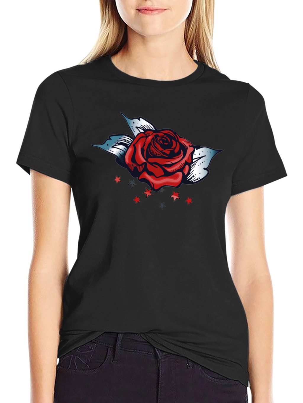 Rose and Stars Graphic Tee - Bold Black T-Shirt