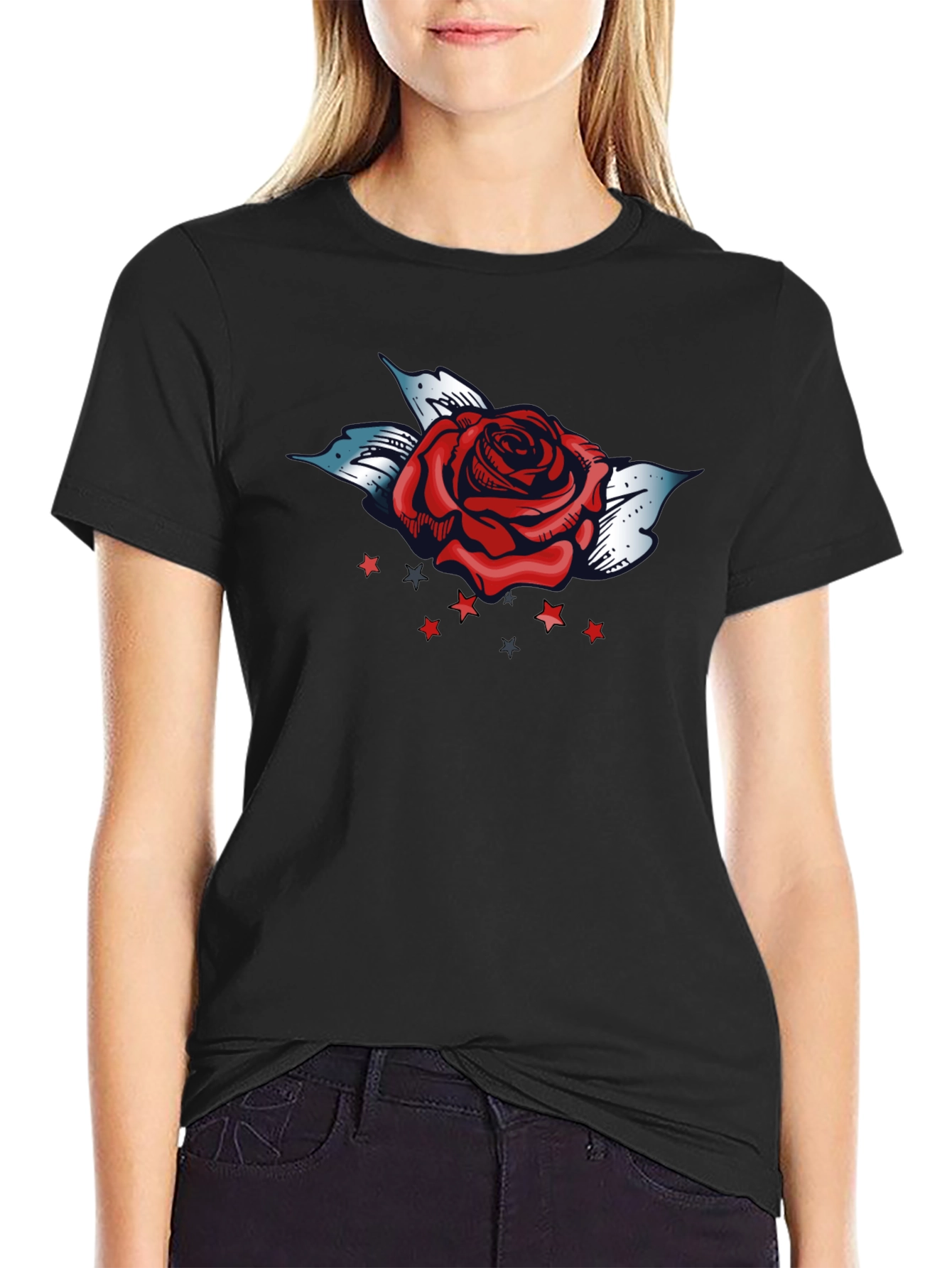 Rose and Stars Graphic Tee - Bold Black T-Shirt