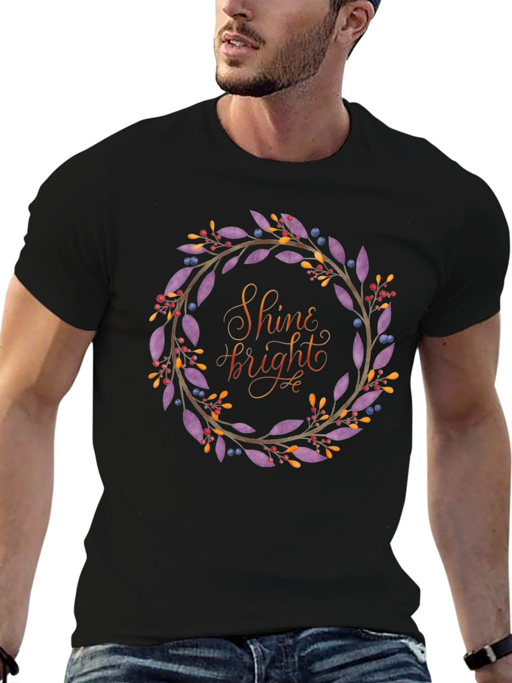 Shine Bright Floral Wreath Black T-Shirt