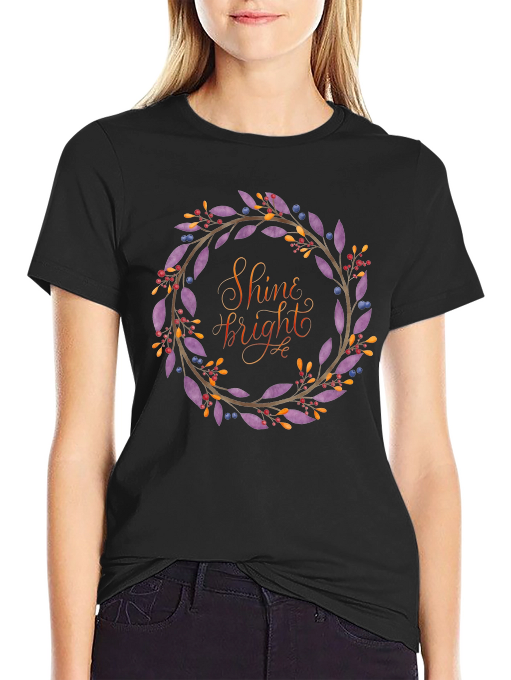 Shine Bright Floral Wreath Black T-Shirt