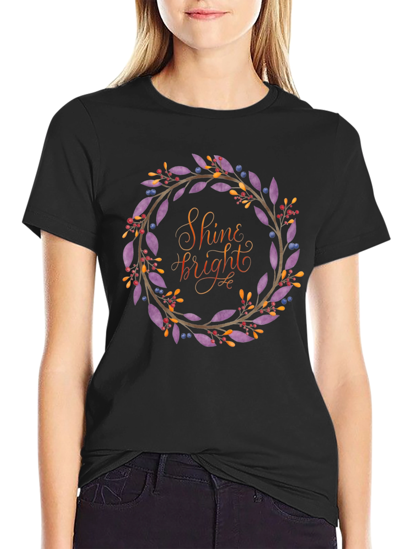 Shine Bright Floral Wreath Black T-Shirt