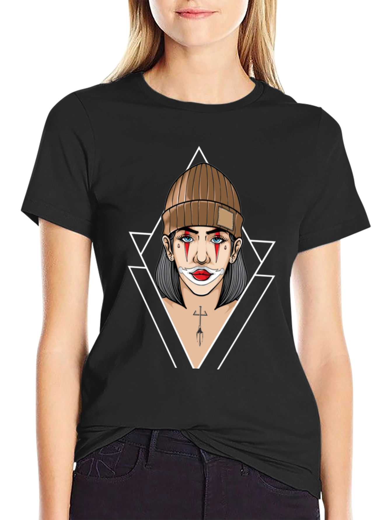 Clown Girl Graphic Print Black T-Shirt