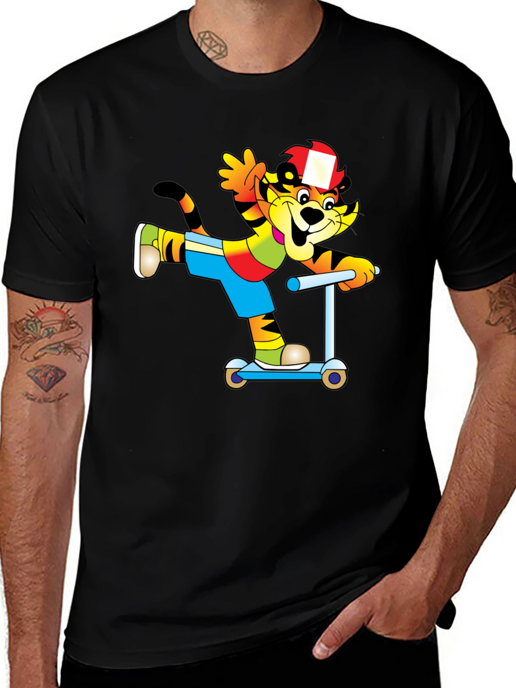 Cartoon Cat on Scooter T-Shirt - Black