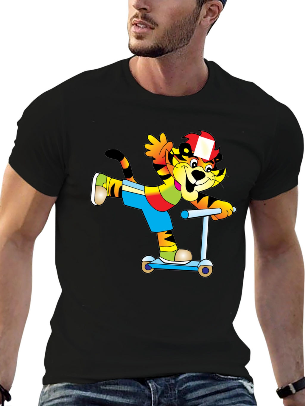 Cartoon Cat on Scooter T-Shirt - Black