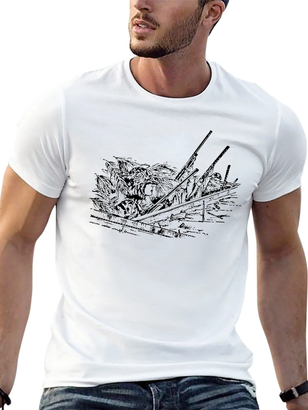 Black T-Shirt with Boat Design