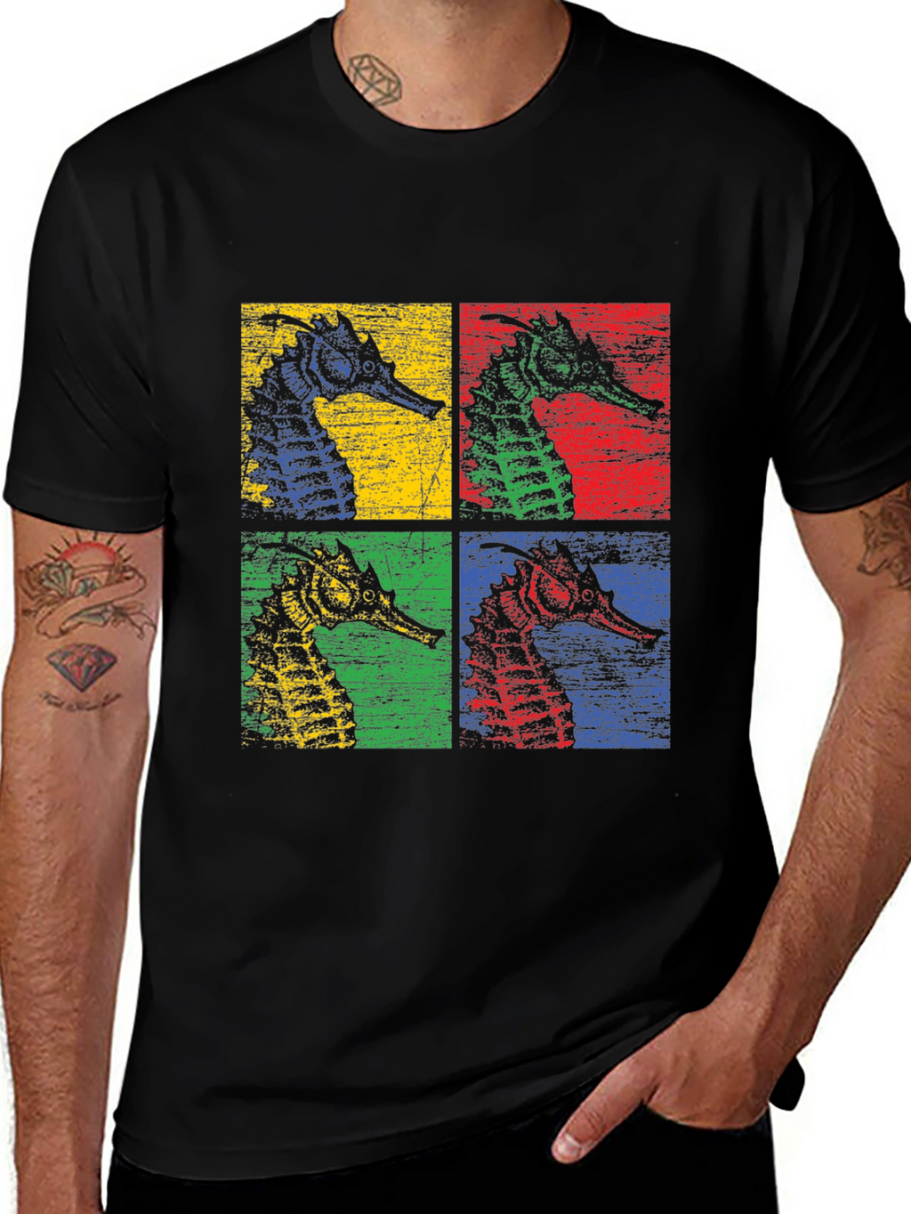 Retro Seahorse Pop Art Black T-Shirt