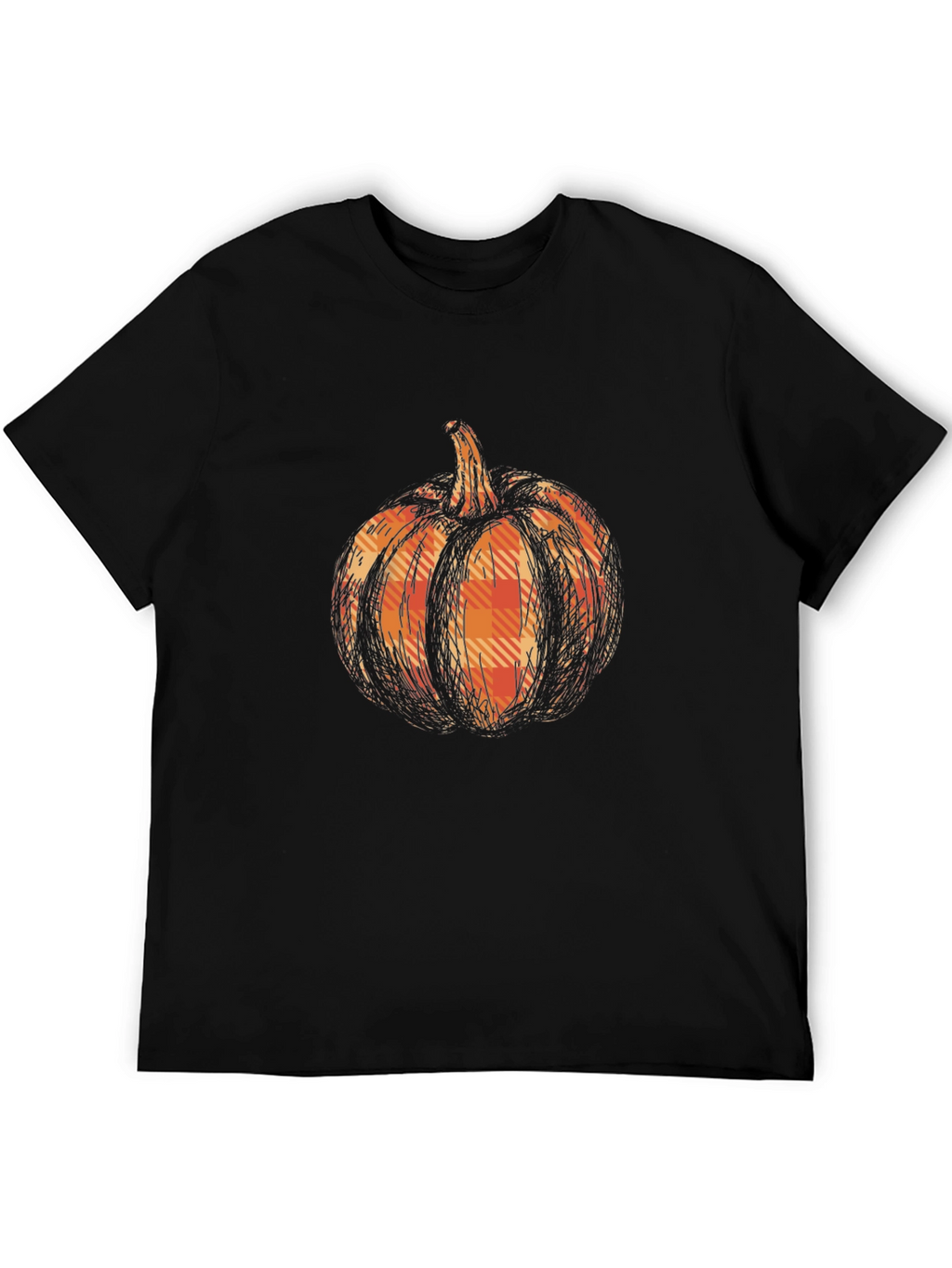 Pumpkin Plaid Graphic Tee - Black Cotton Casual T-Shirt
