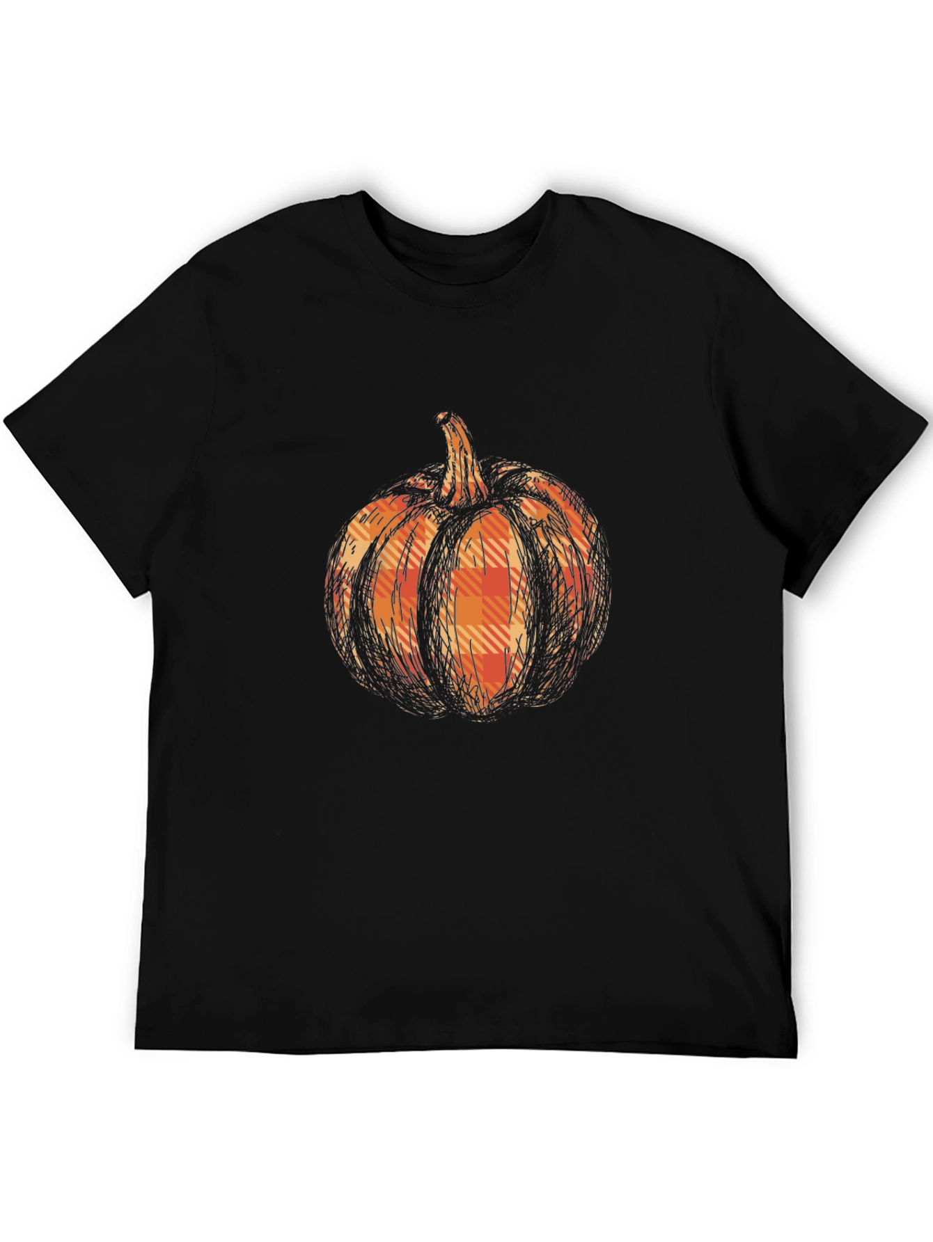 Pumpkin Plaid Graphic Tee - Black Cotton Casual T-Shirt