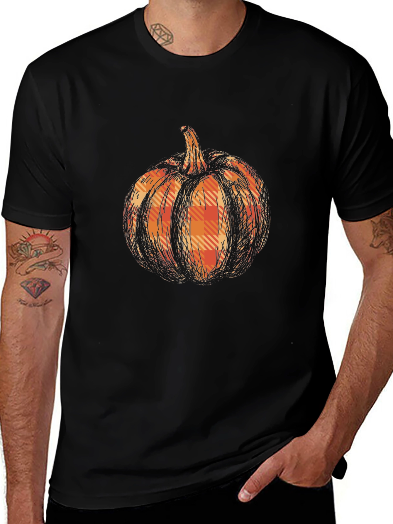 Pumpkin Plaid Graphic Tee - Black Cotton Casual T-Shirt