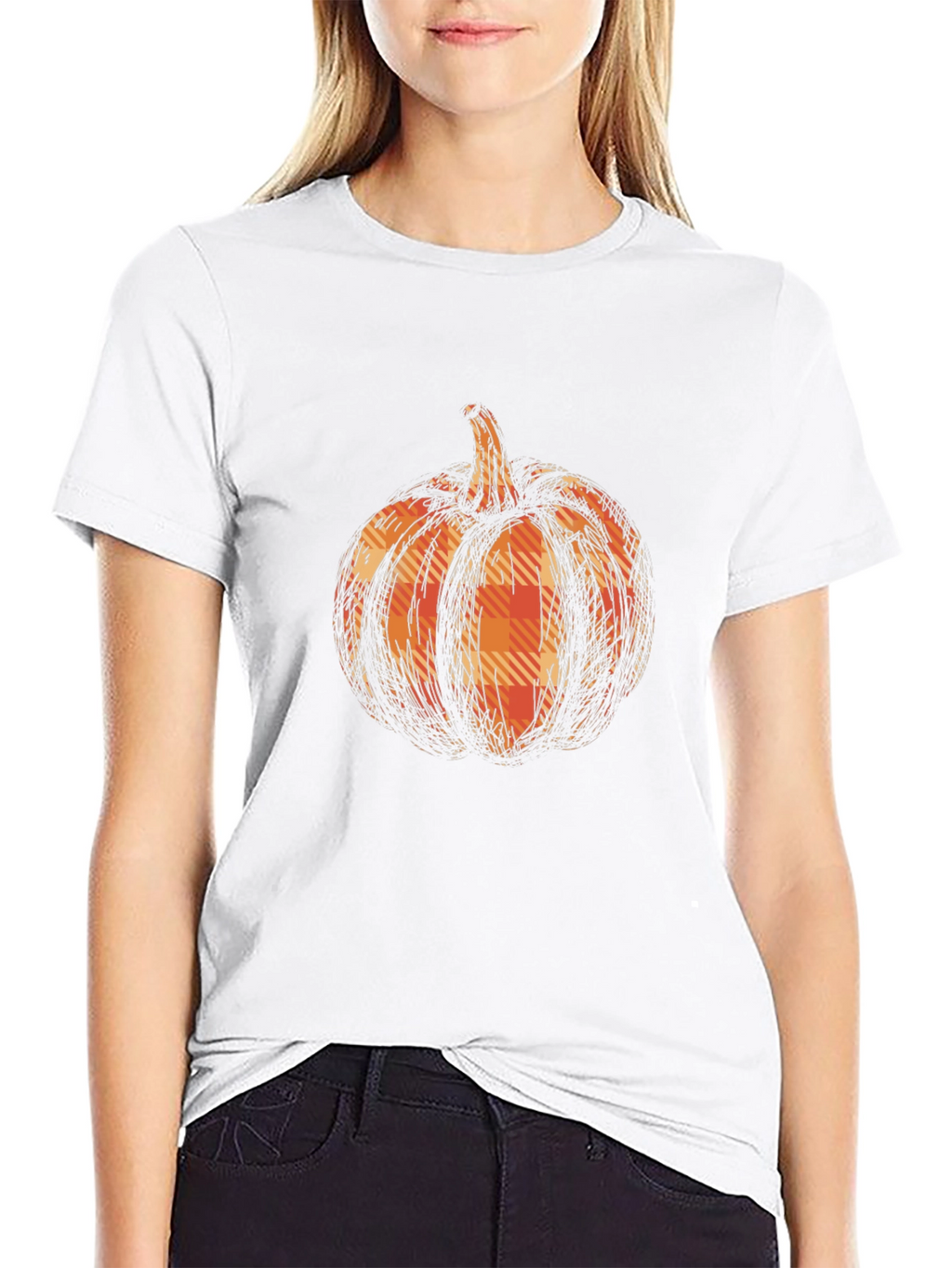 Pumpkin Plaid Graphic Tee - Black Cotton Casual T-Shirt