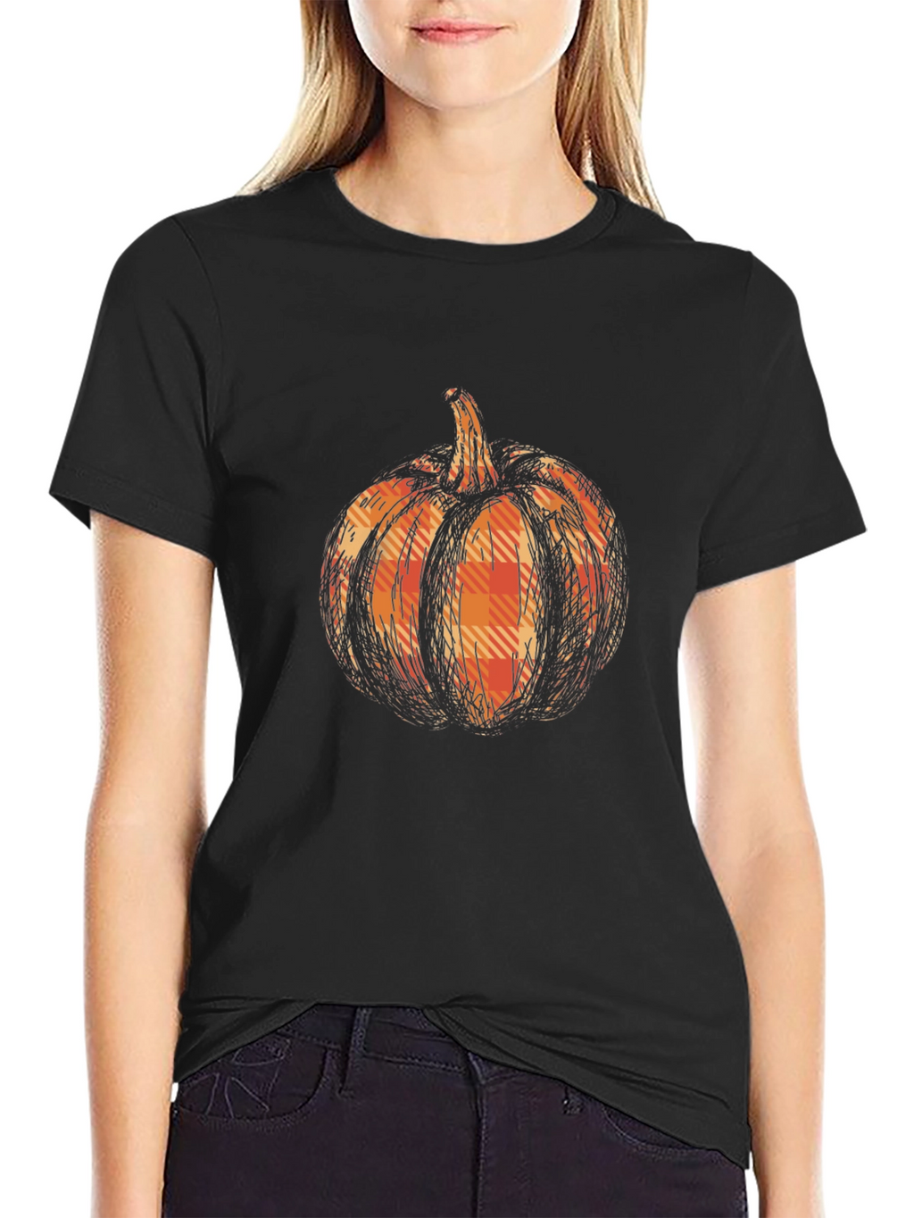 Pumpkin Plaid Graphic Tee - Black Cotton Casual T-Shirt