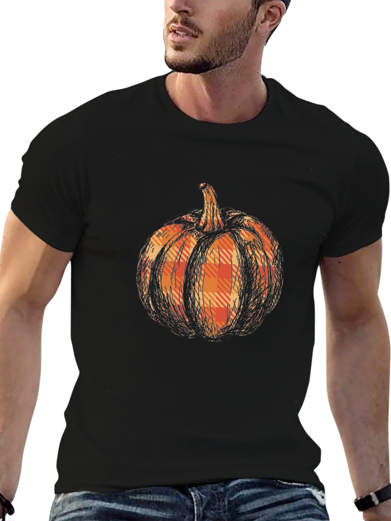 Pumpkin Plaid Graphic Tee - Black Cotton Casual T-Shirt