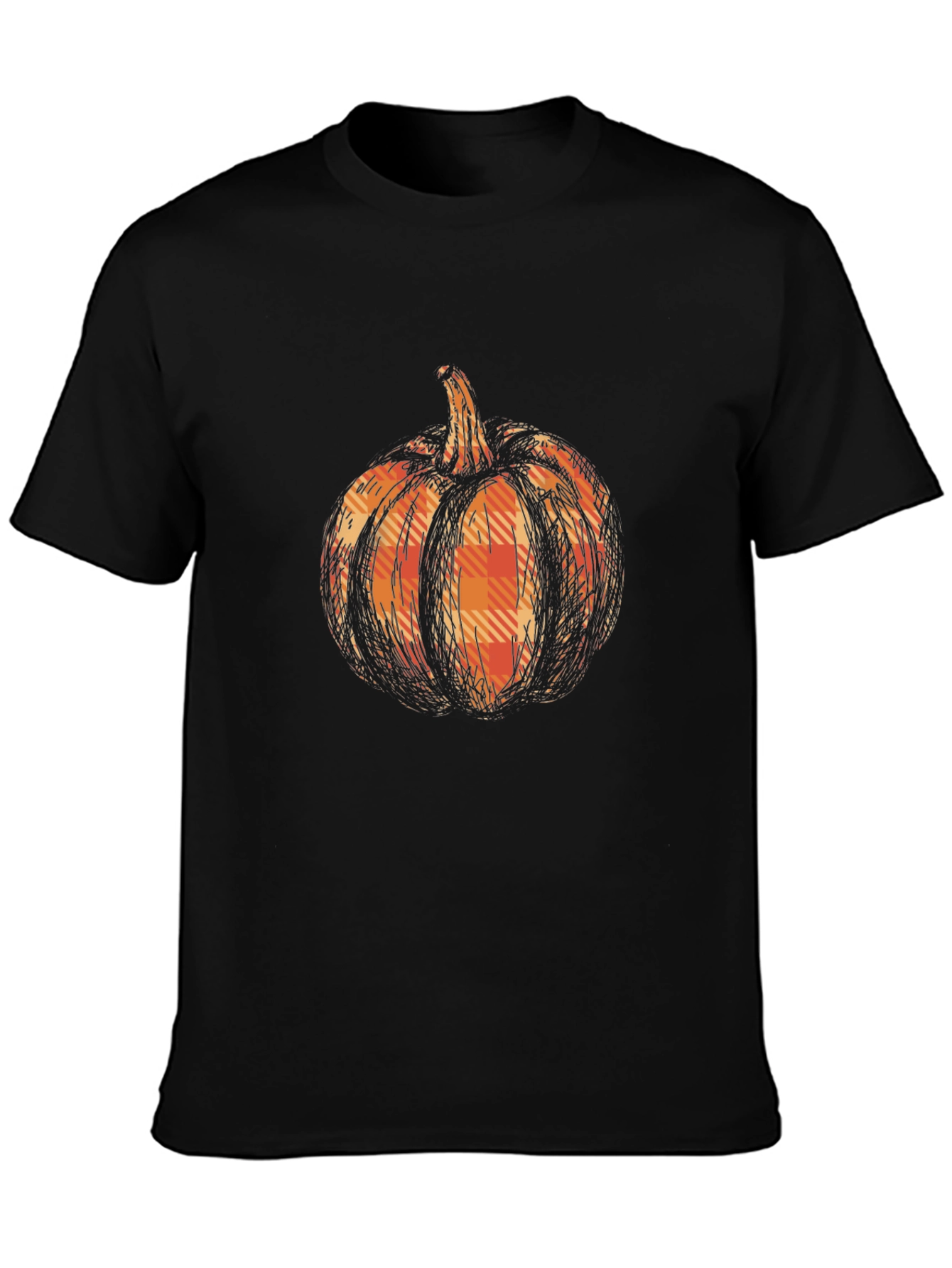 Pumpkin Plaid Graphic Tee - Black Cotton Casual T-Shirt