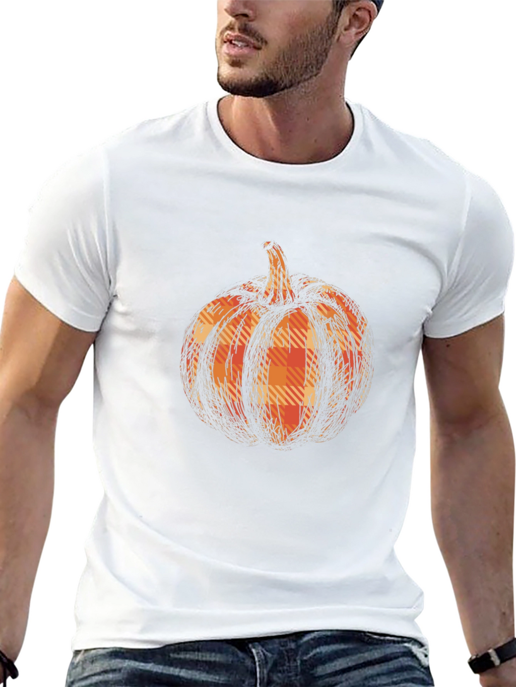Pumpkin Plaid Graphic Tee - Black Cotton Casual T-Shirt