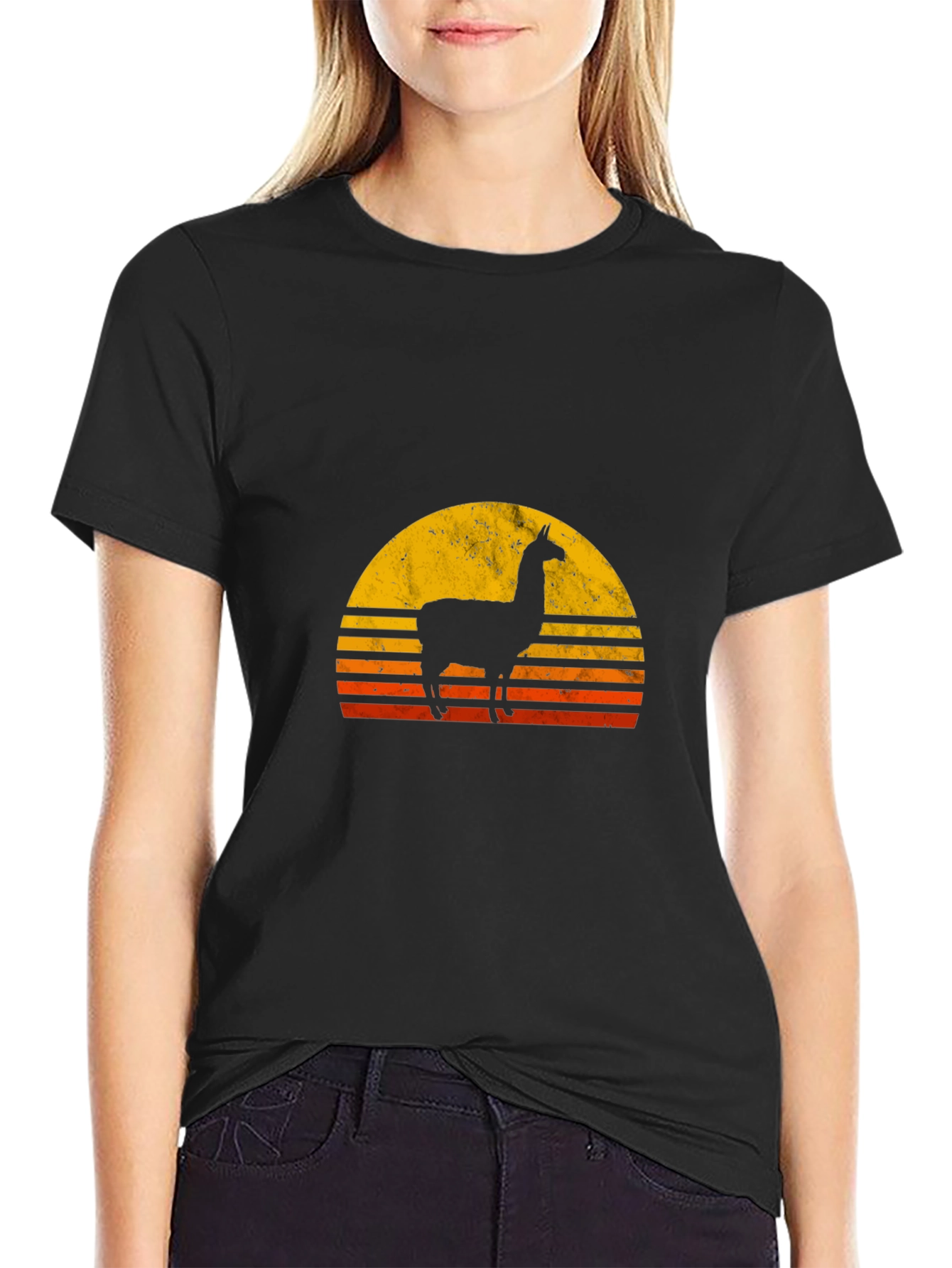 Llama Sunset Graphic Tee - Black Cotton T-Shirt