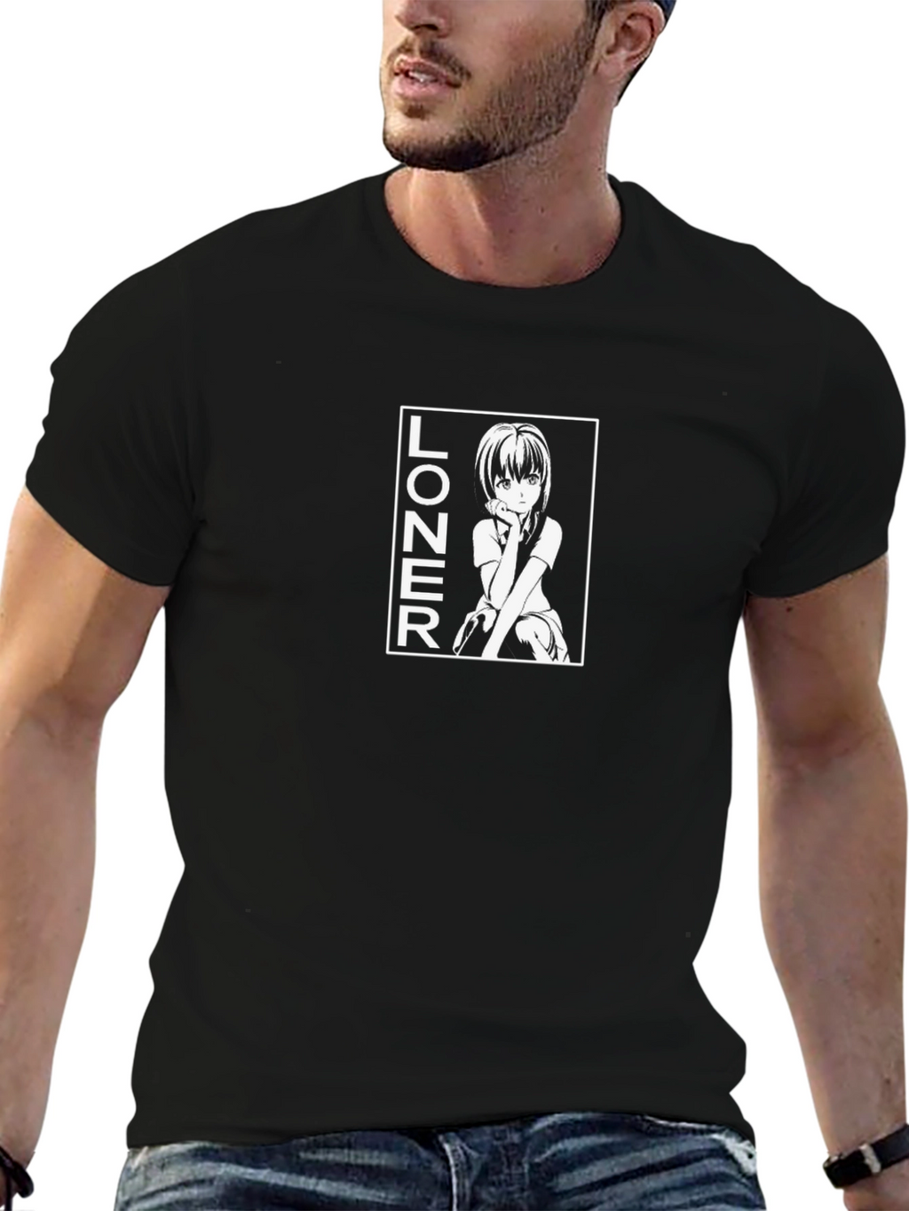Anime Girl Loner Black Graphic T-Shirt