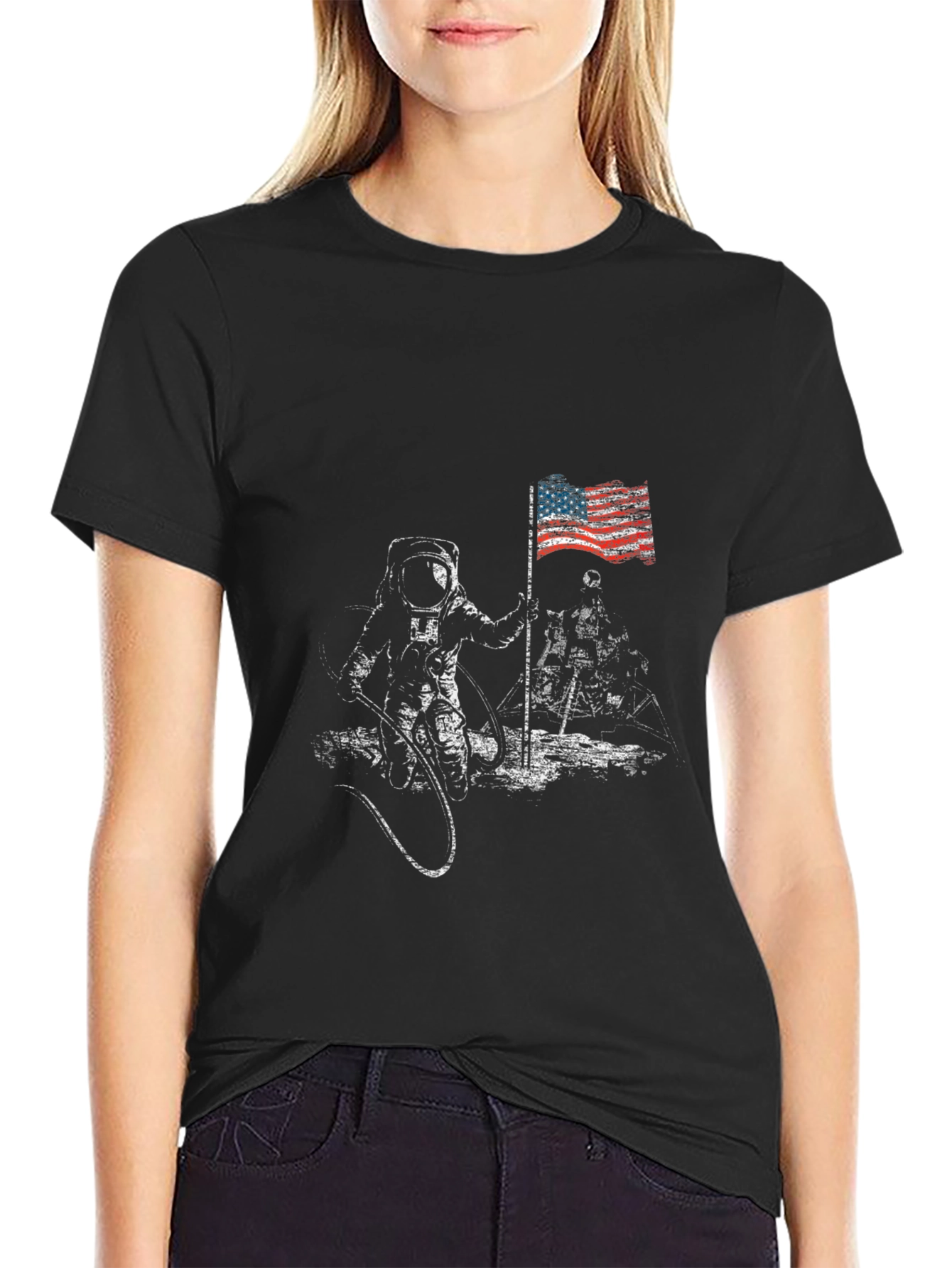 Astronaut Moon Landing USA Flag Graphic T-Shirt