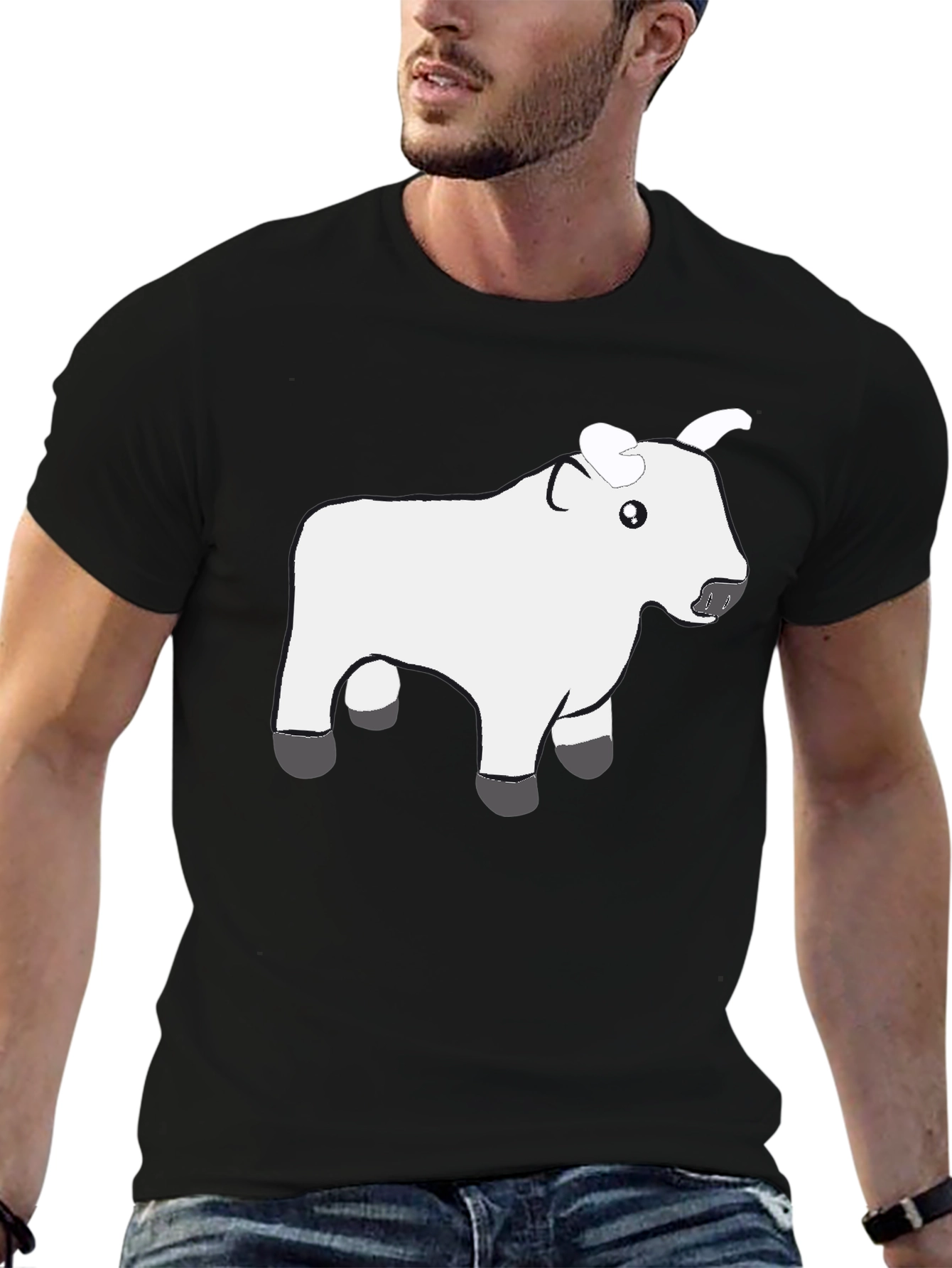 Black T-Shirt with Cute White Cow Graphic