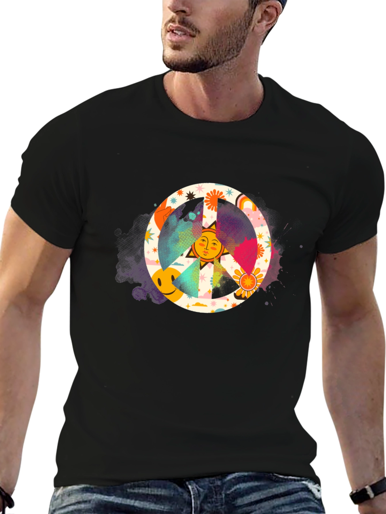 Groovy Peace Sign Graphic Tee - Black Cotton Shirt
