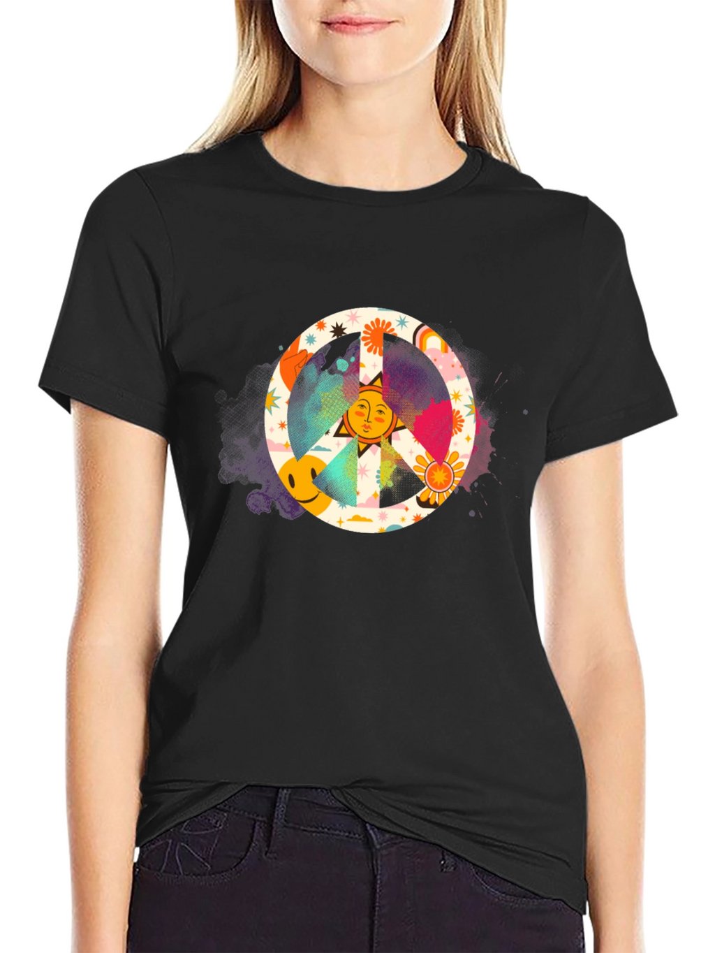 Groovy Peace Sign Graphic Tee - Black Cotton Shirt