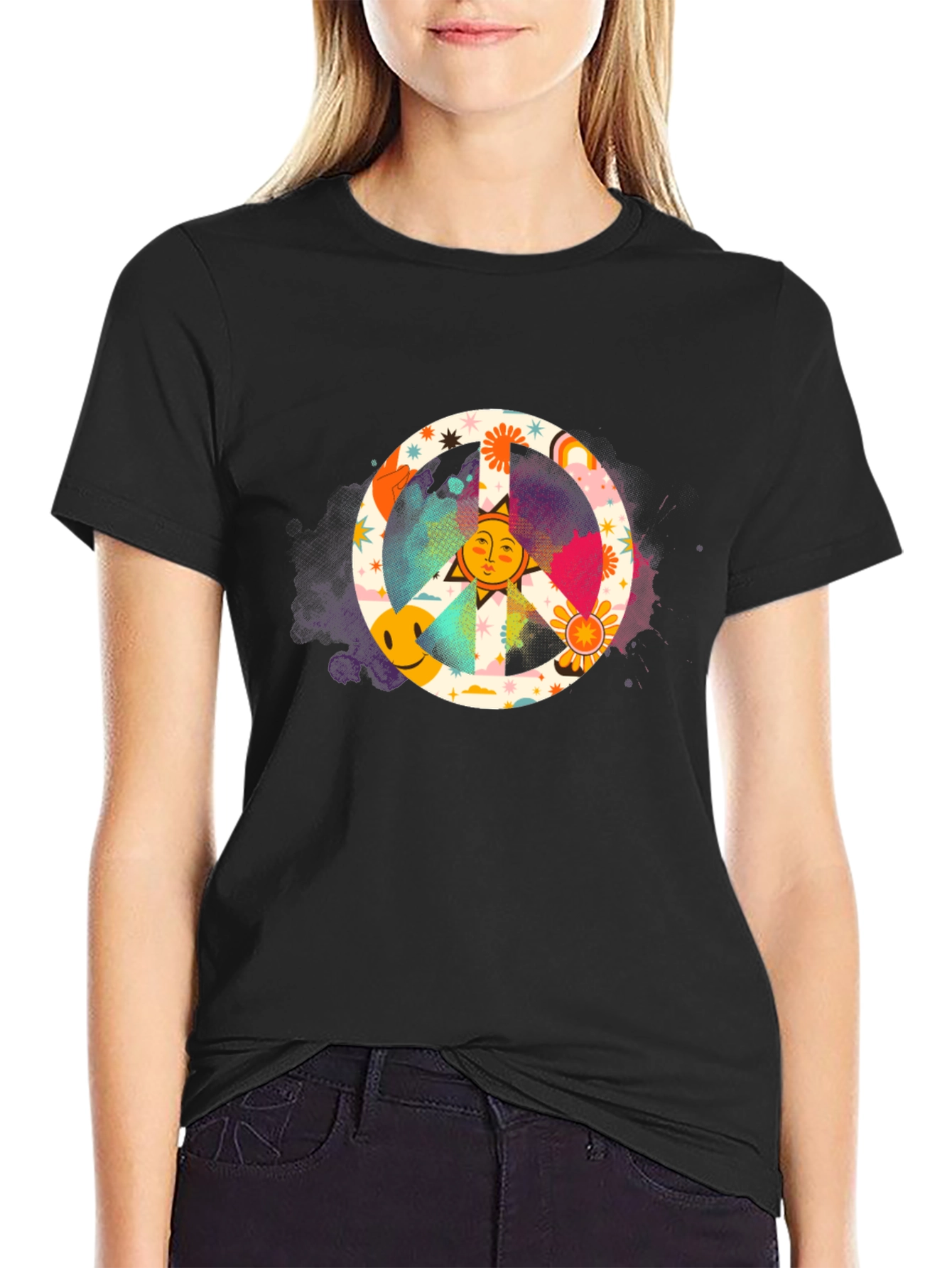 Groovy Peace Sign Graphic Tee - Black Cotton Shirt