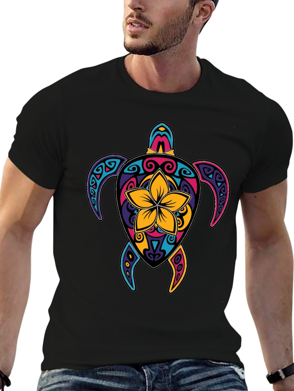Vibrant Turtle Graphic Tee - Mens Black T-Shirt