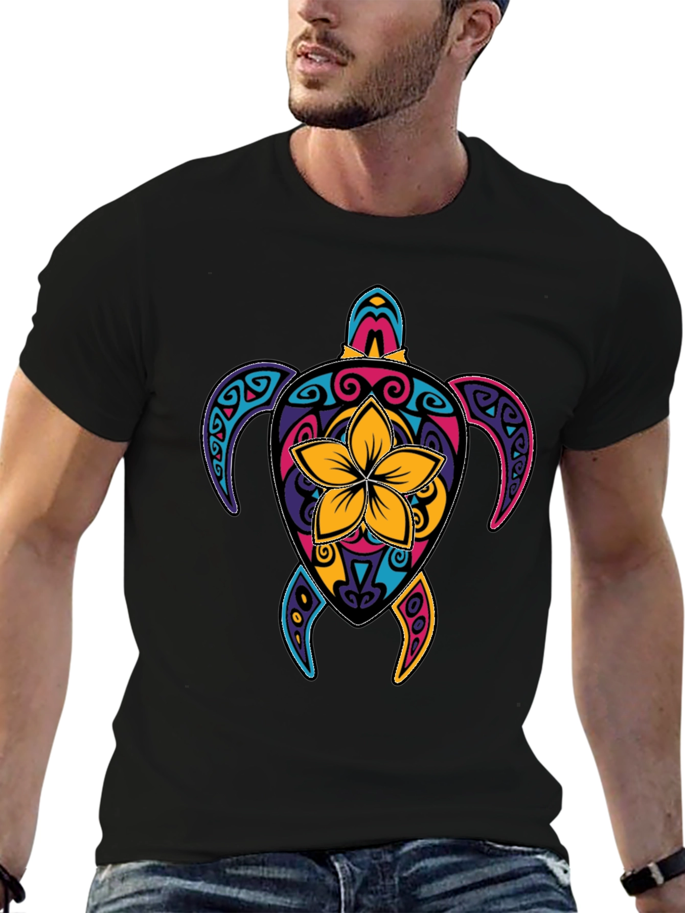 Vibrant Turtle Graphic Tee - Mens Black T-Shirt