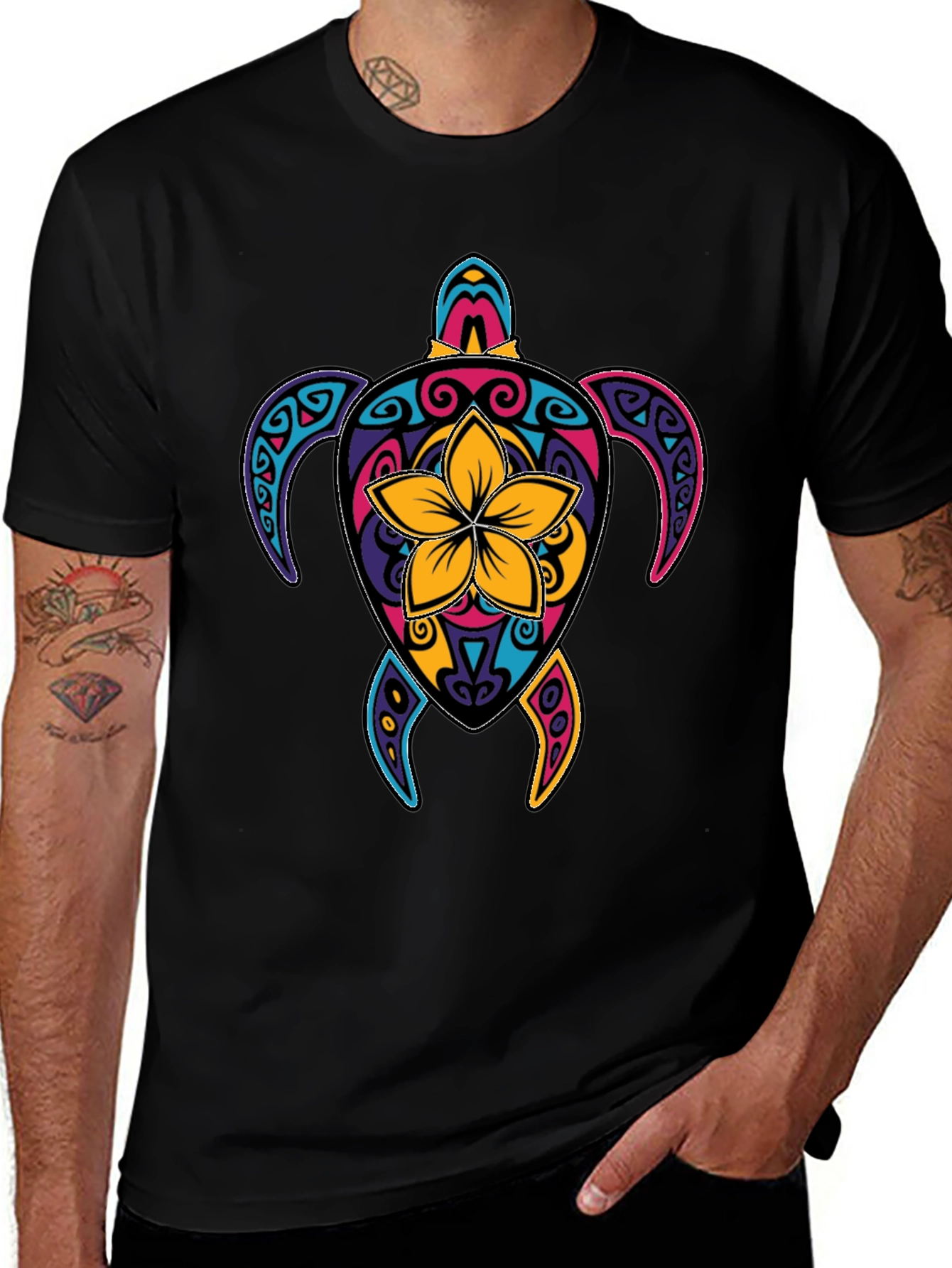 Vibrant Turtle Graphic Tee - Mens Black T-Shirt