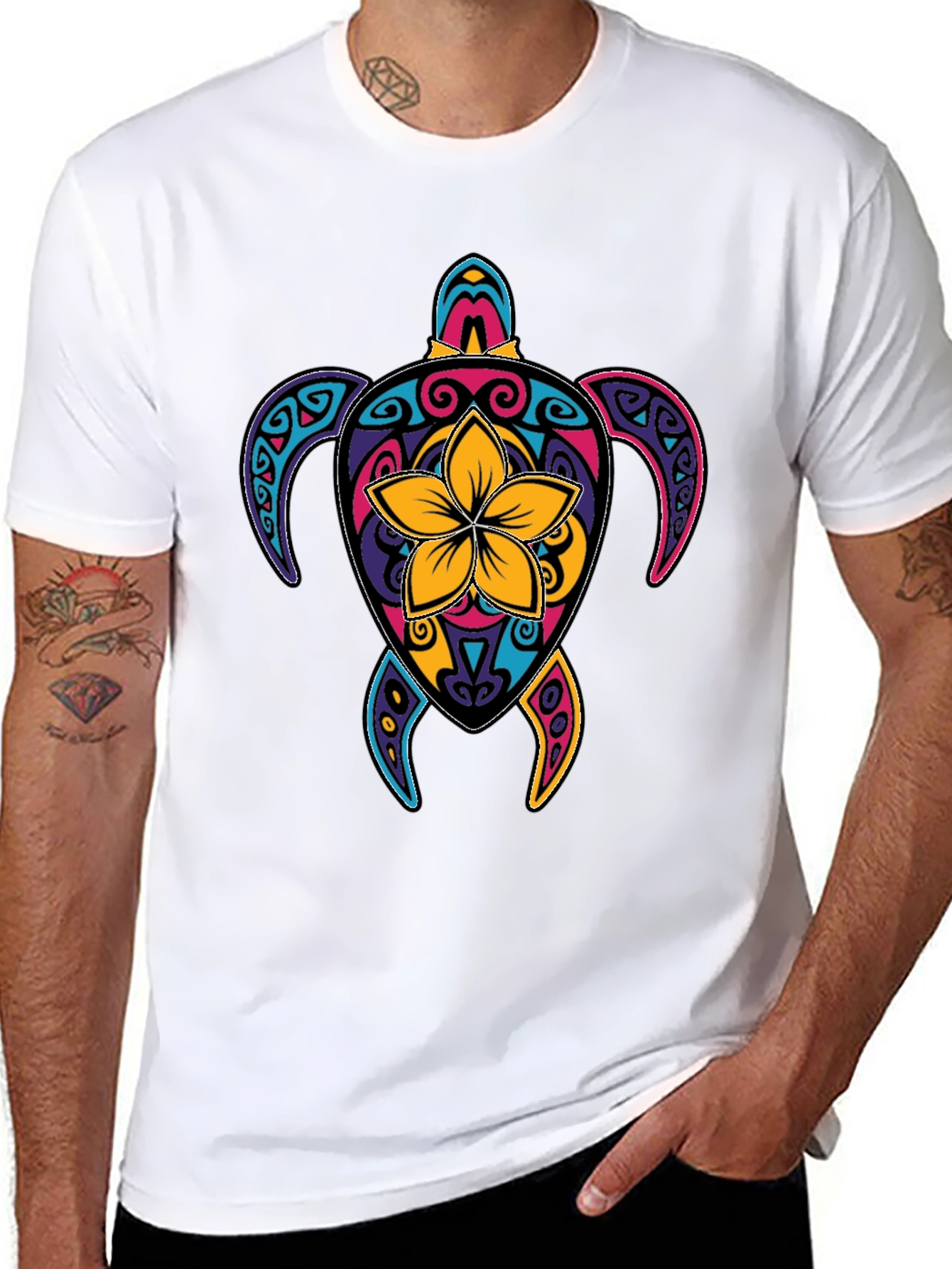 Vibrant Turtle Graphic Tee - Mens Black T-Shirt